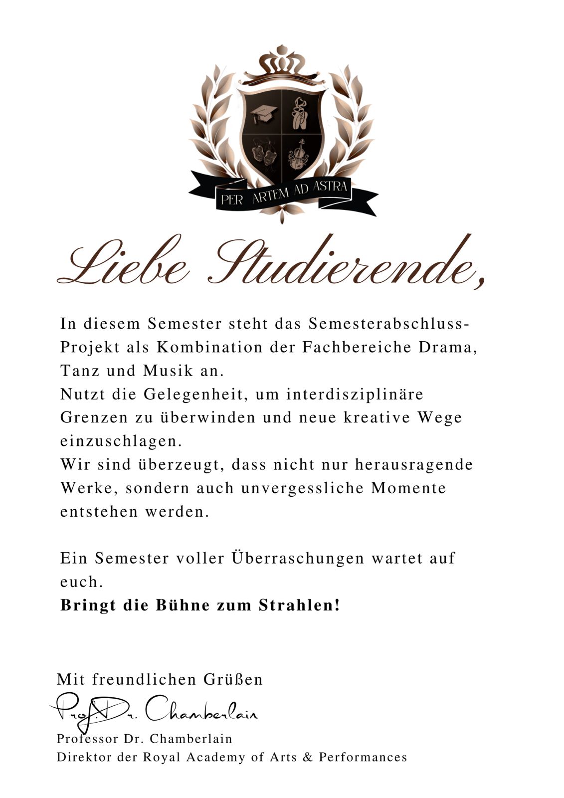 Brief von Professor Dr. Chamberlain an die Studierenden der Royal Academy of Arts & Performances